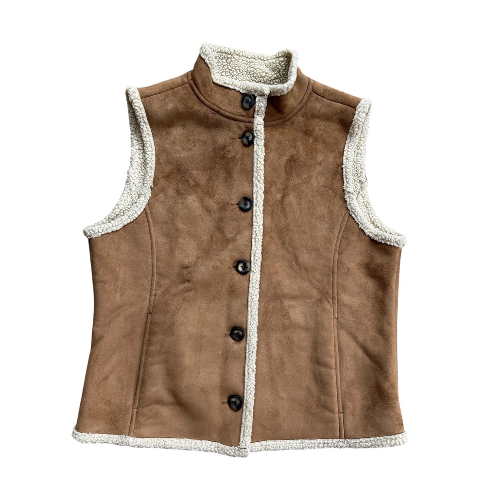 LL Bean Womens Faux Suede Sherpa Lined‎ Vest Tan Brown Button Front Medium